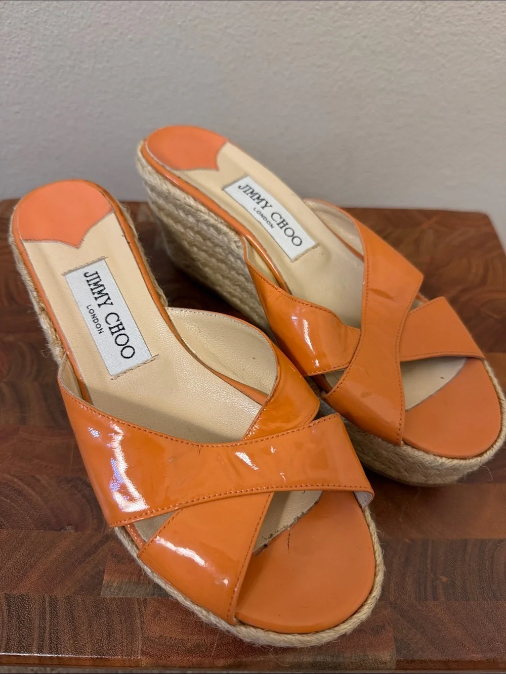 Jimmy Choo Phyllis Wedge Espadrille Orange Patent Leather Sandal Size 37 US 7